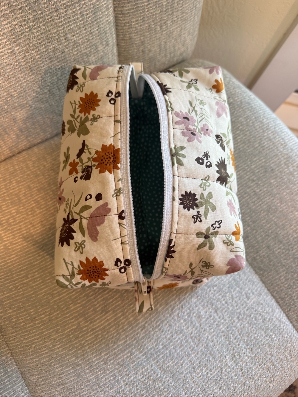 Handmade Floral Quilted Cosmetic Pouch in Cream and Brown
